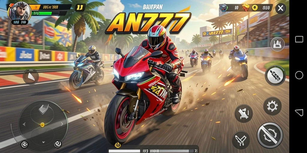 Screenshot AN777 menampilkan aksi balapan motor yang intens dan mendebarkan.