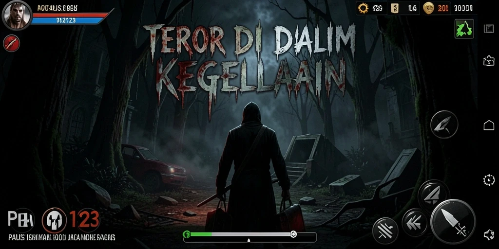 Screenshot PAUS123 menampilkan suasana mencekam dengan makhluk bergerak di kegelapan.