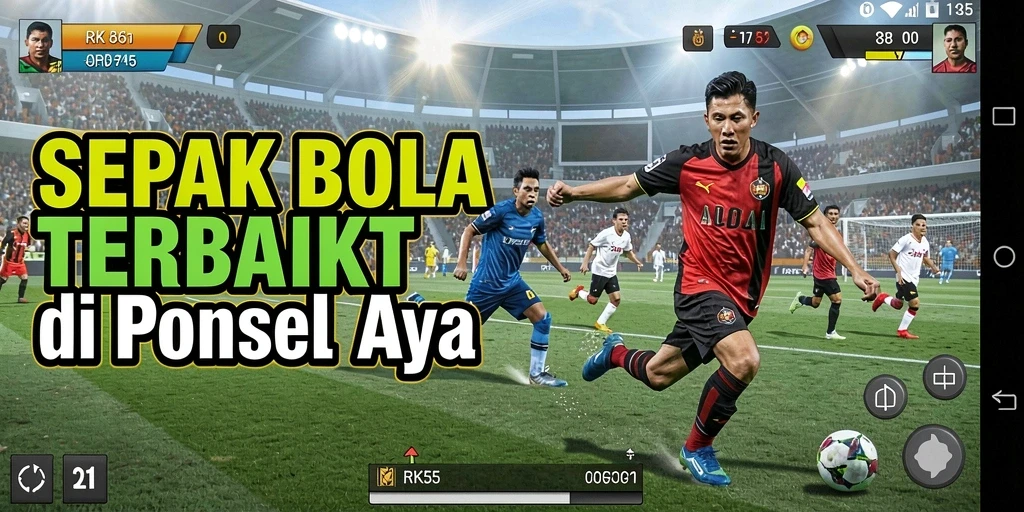 Tampilan gameplay RK55 dengan aksi di lapangan sepak bola.