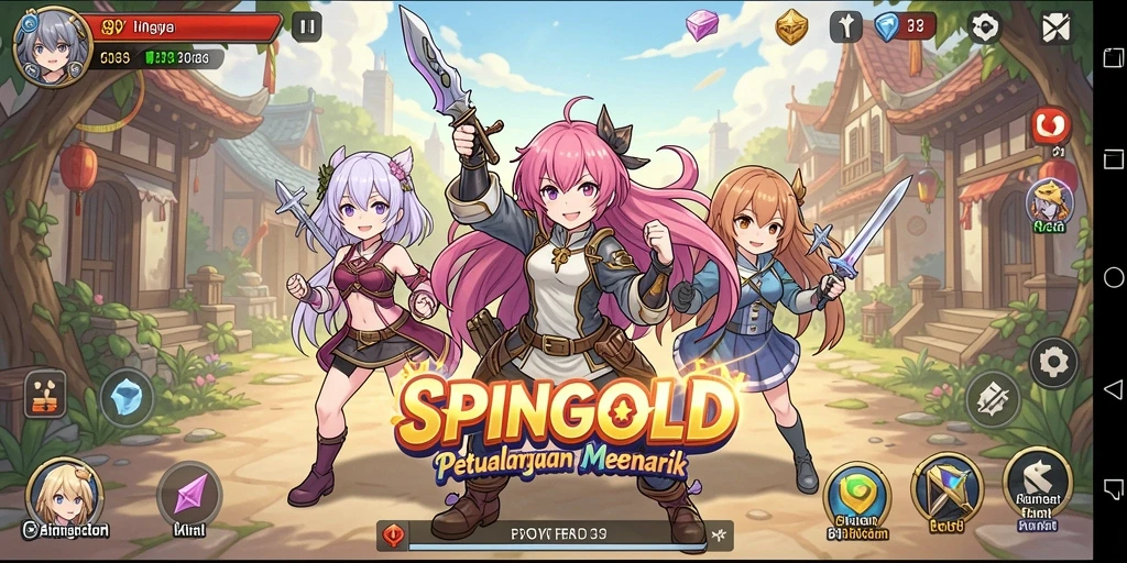 Tampilan gameplay SPINGOLD yang menawan dan penuh aksi dari karakter Anime.