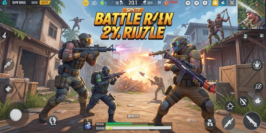 Tangkapan layar utama SPY77 menampilkan aksi pertempuran intens dalam game Battle Royale.