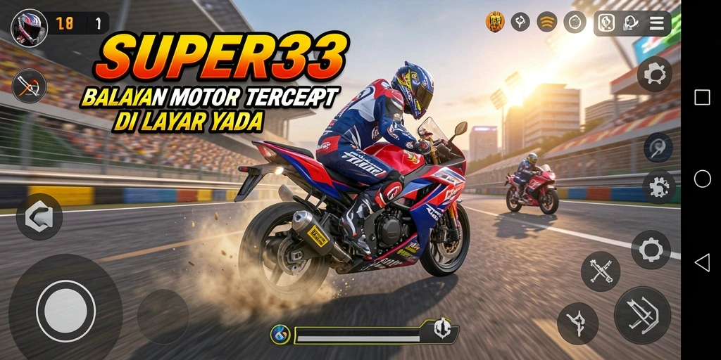 Tampilan gameplay SUPER33 dengan aksi balapan seru.