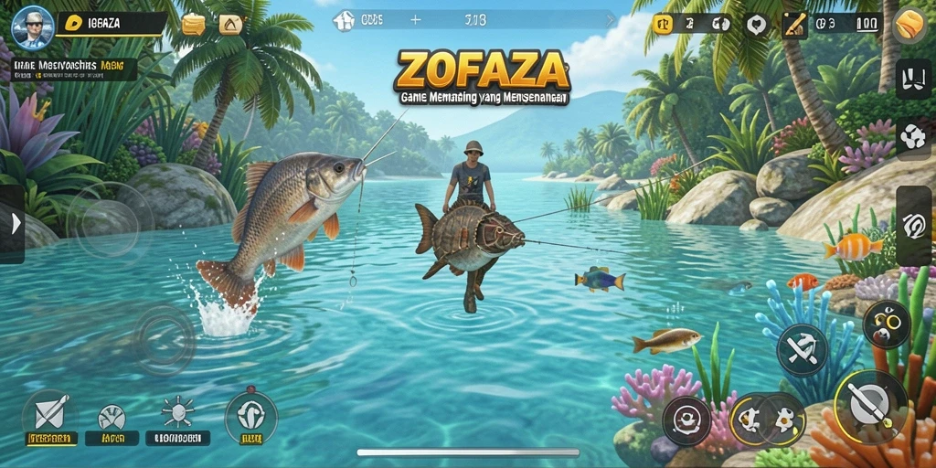 Screenshot gameplay ZOFAZA menampilkan aksi memancing yang seru dan menantang.